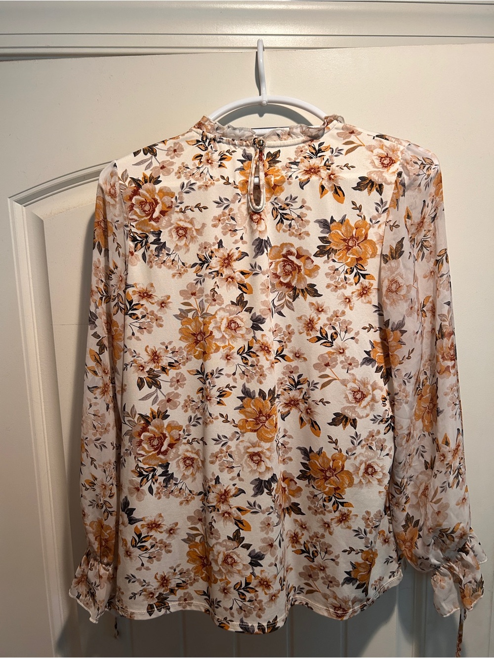 PerSeption Concept Cream Floral Ruffle-Neck Blouse with Gold Accents - Picture 2 of 4